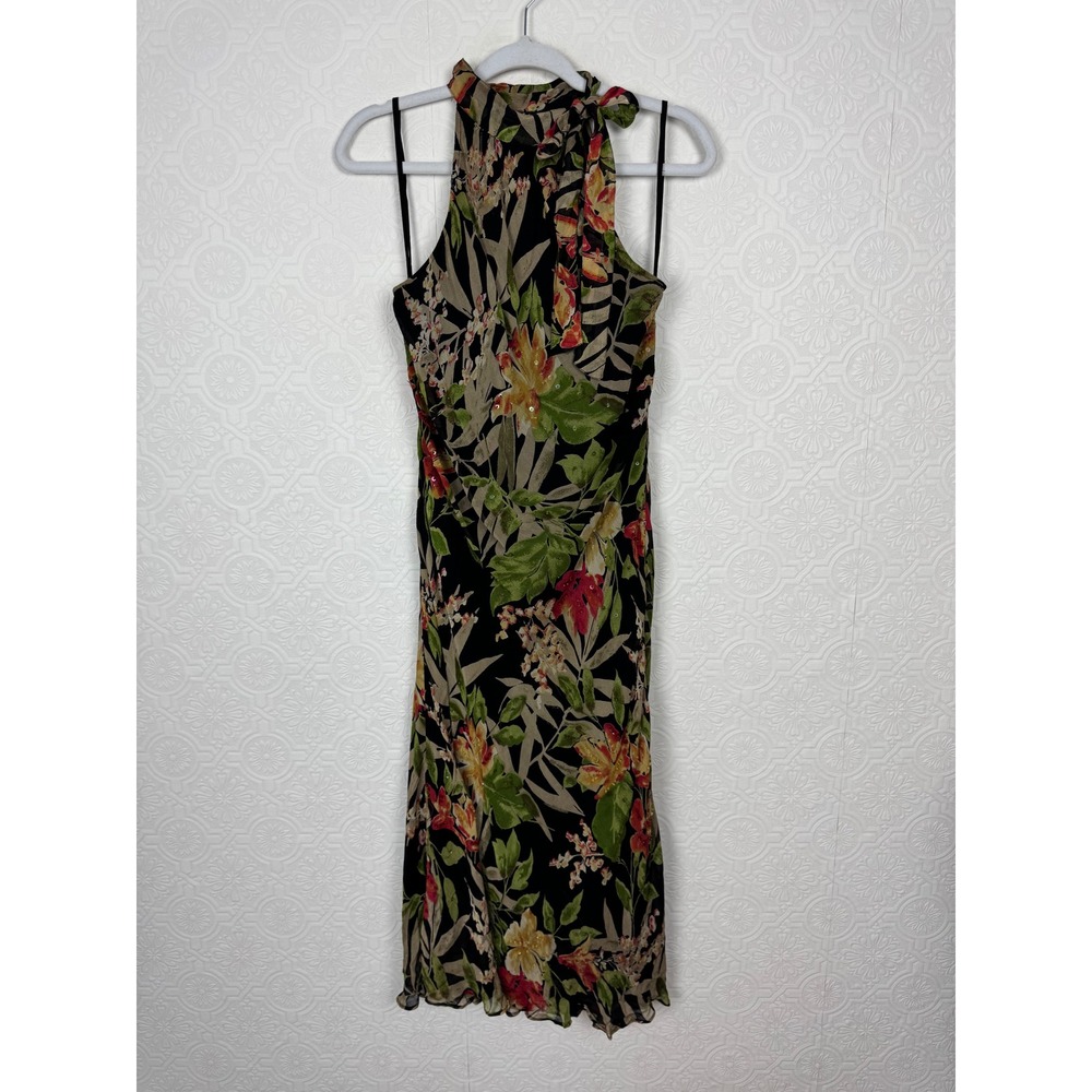 Vintage Majick Y2K Tropical Floral Halter Neck Midi Dress Green Flutter Medium